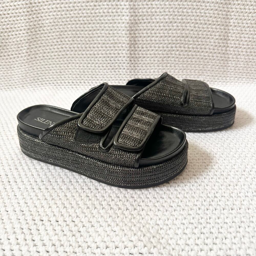 Silent D Gray Black Woven Raffia Double Strap Hook Loop Platform Sandals 39 Boho